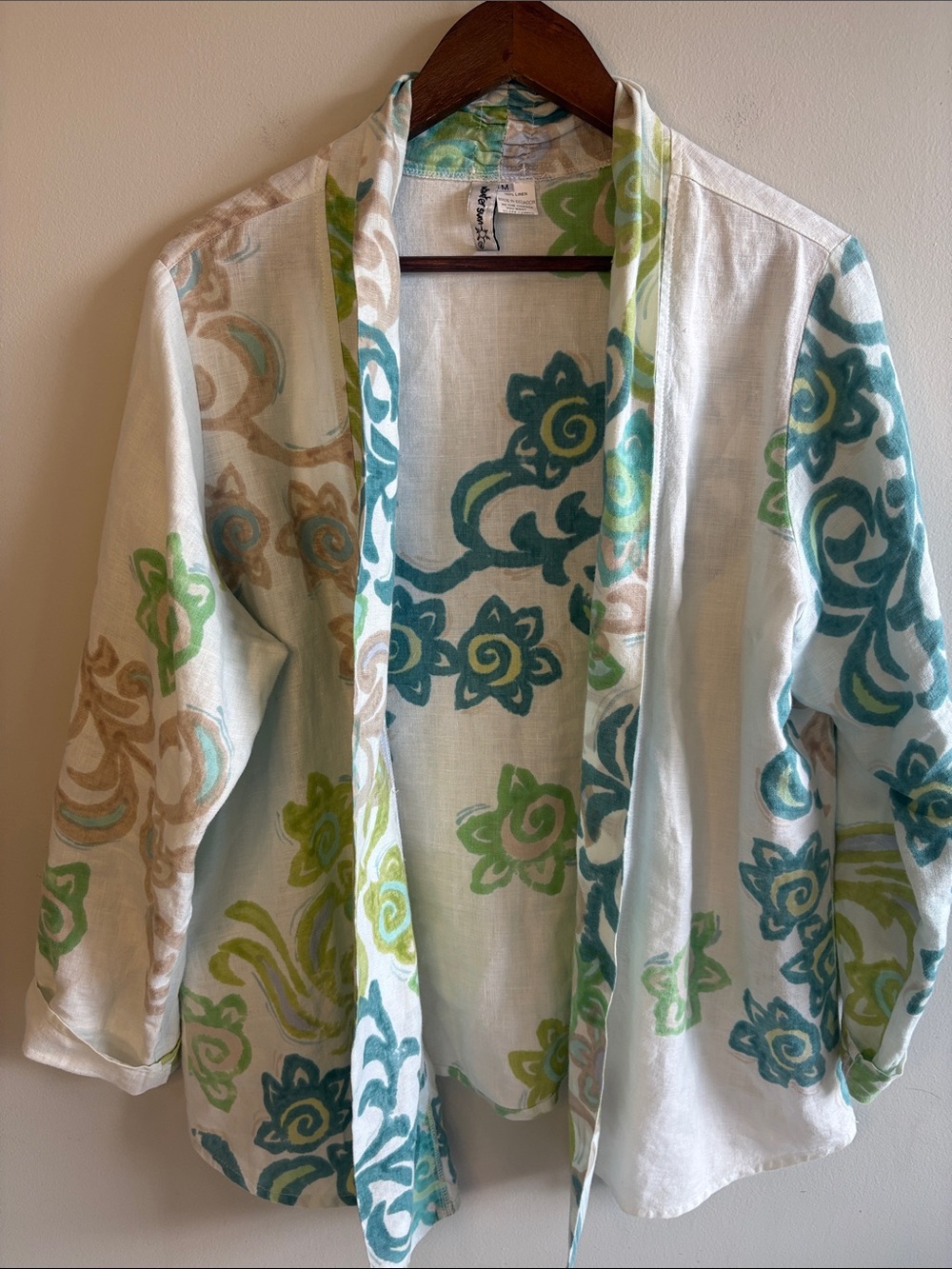 Winter Sun 100% Linen Kimono Jacket M Open Front Boho Coastal Resort Floral